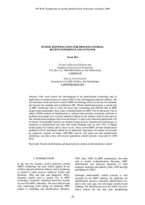(PDF) System identification for process control: recent experience and ...