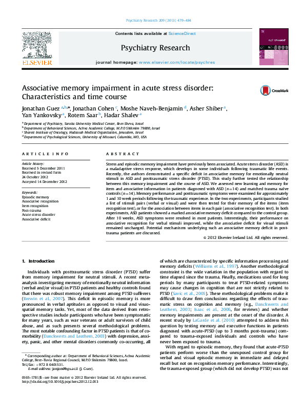 (PDF) Associative memory impairment in acute stress disorder ...