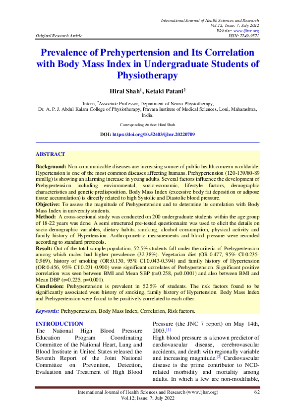 (PDF) Prevalence of Prehypertension and Its Correlation with Body Mass