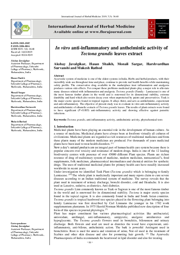 (PDF) In vitro anti-inflammatory and anthelmintic activity of Tectona ...