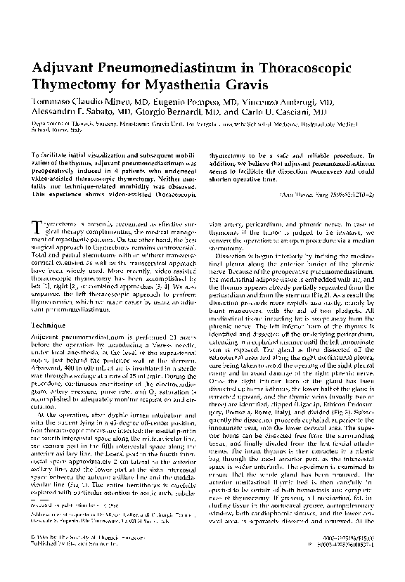(PDF) Adjuvant pneumomediastinum in thoracoscopic thymectomy for