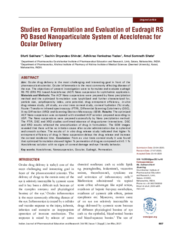 (PDF) Studies on Formulation and Evaluation of Eudragit RS PO Based ...