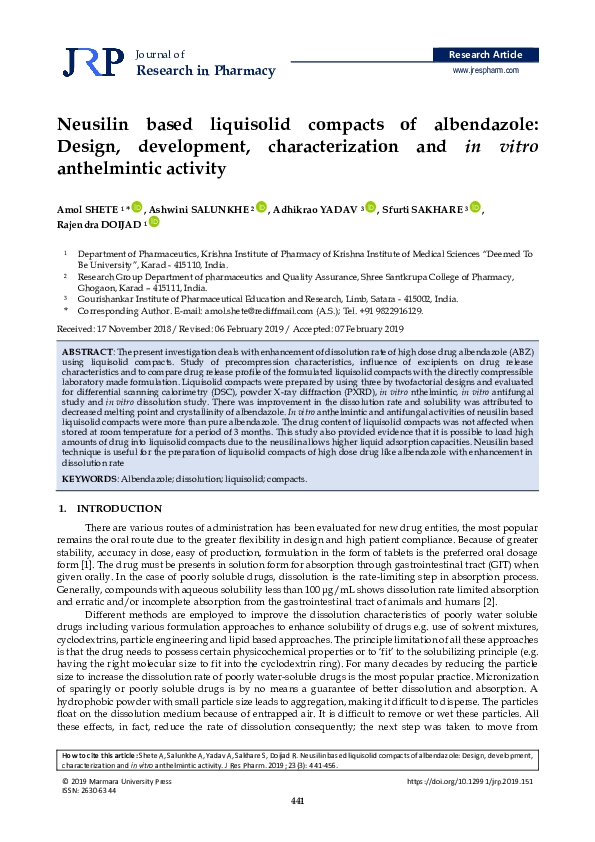 (PDF) Neusilin based liquisolid compacts of albendazole: Design ...