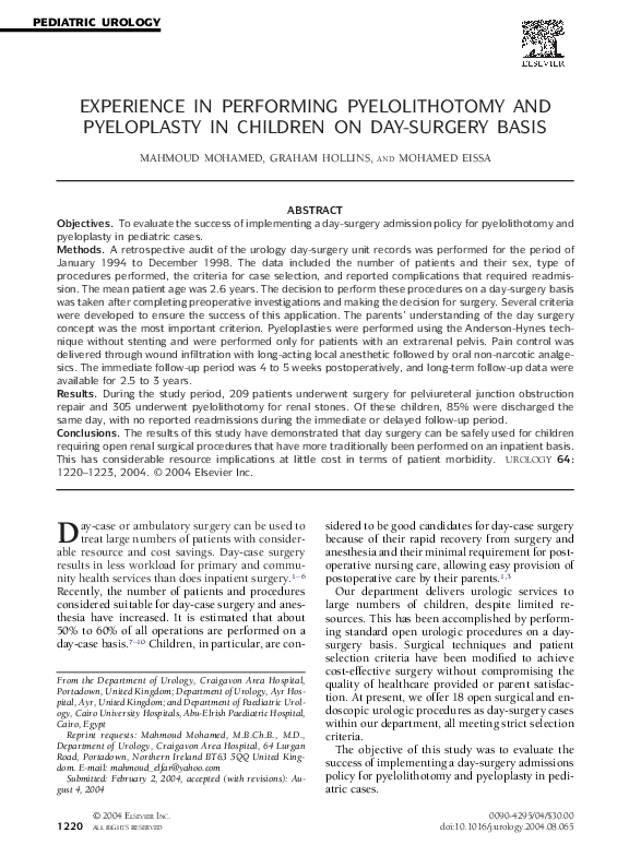 (PDF) Experience in performing pyelolithotomy and pyeloplasty in ...
