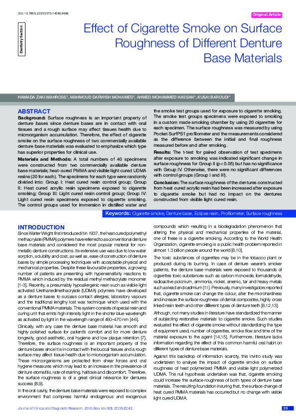 (PDF) Effect of Cigarette Smoke on Surface Roughness of Different