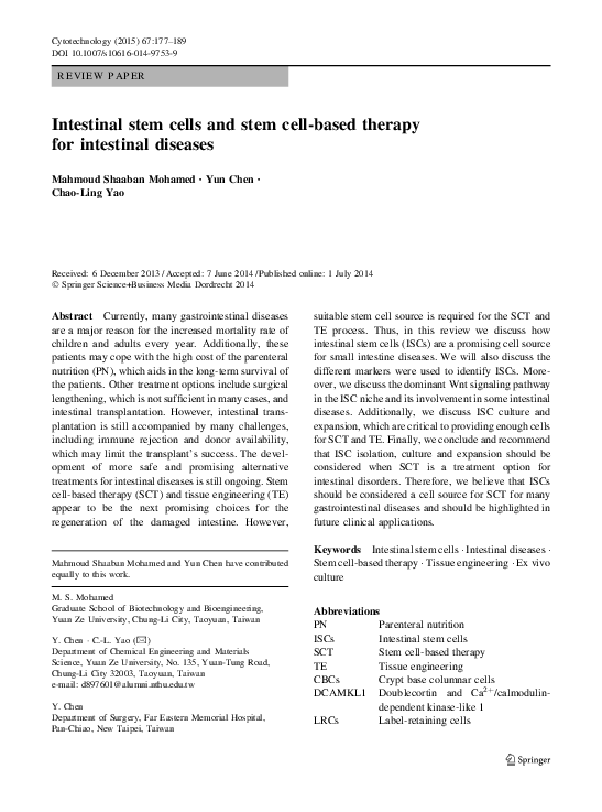 (PDF) Intestinal stem cells and stem cell-based therapy for intestinal ...