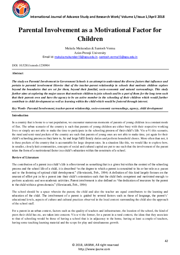 (PDF) Parental Involvement As A Motivational Factor For Children