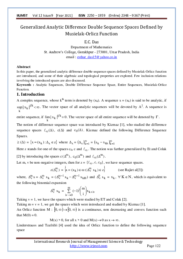 (PDF) Generalized Analytic Difference Double Sequence Spaces Defined by ...