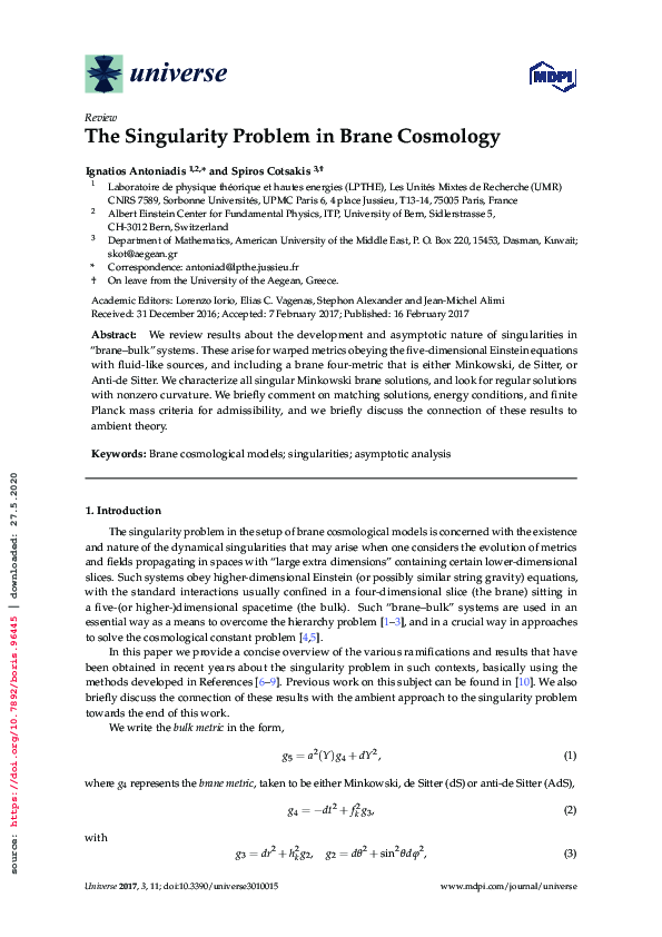 (PDF) The Singularity Problem in Brane Cosmology