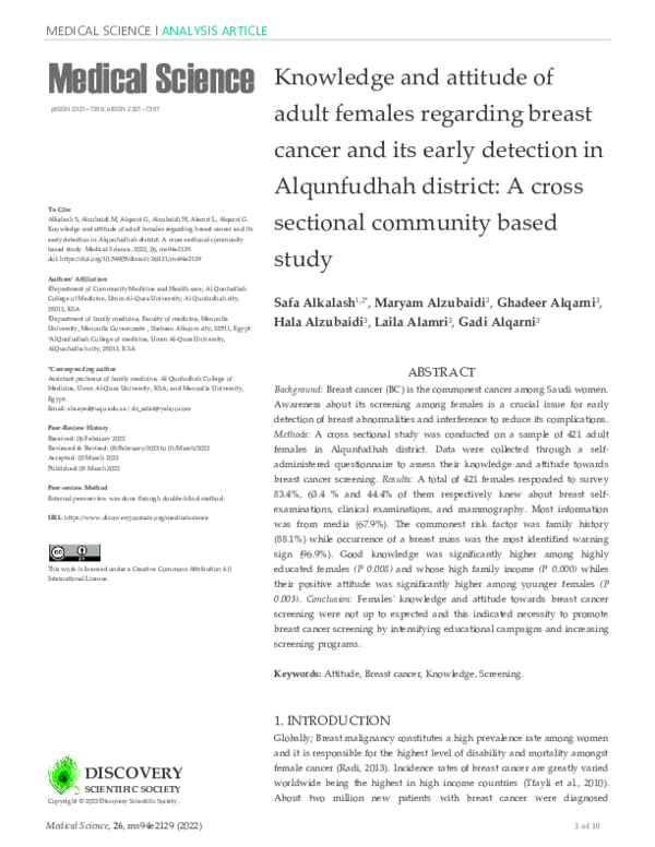 (PDF) Knowledge and attitude of adult females regarding breast cancer ...