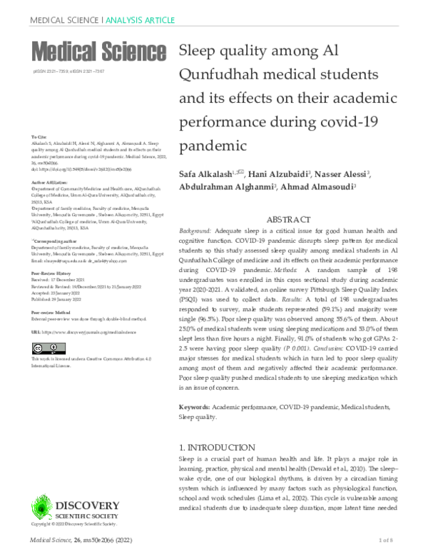 (PDF) Sleep quality among Al Qunfudhah medical students and its effects ...