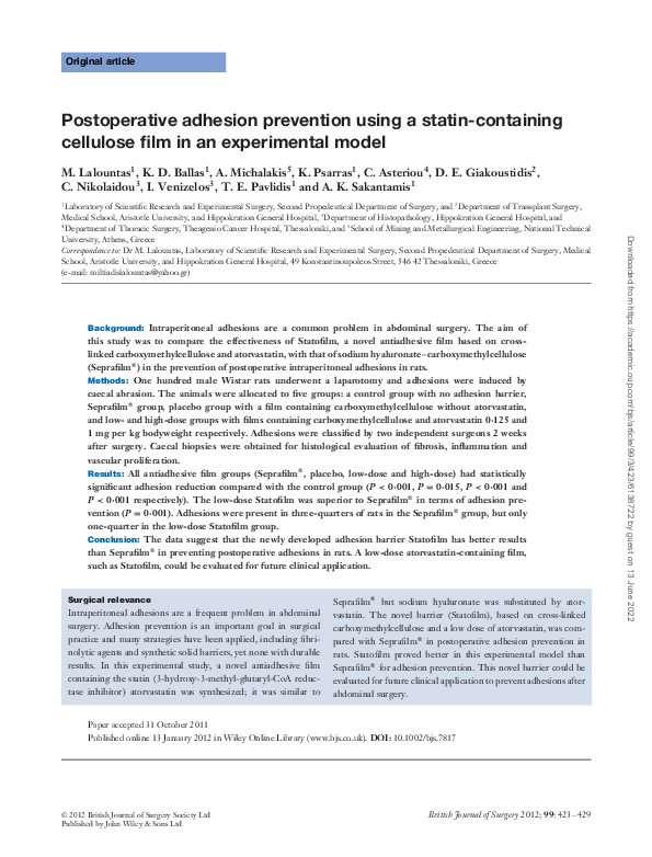 (PDF) Postoperative adhesion prevention using a statin-containing ...