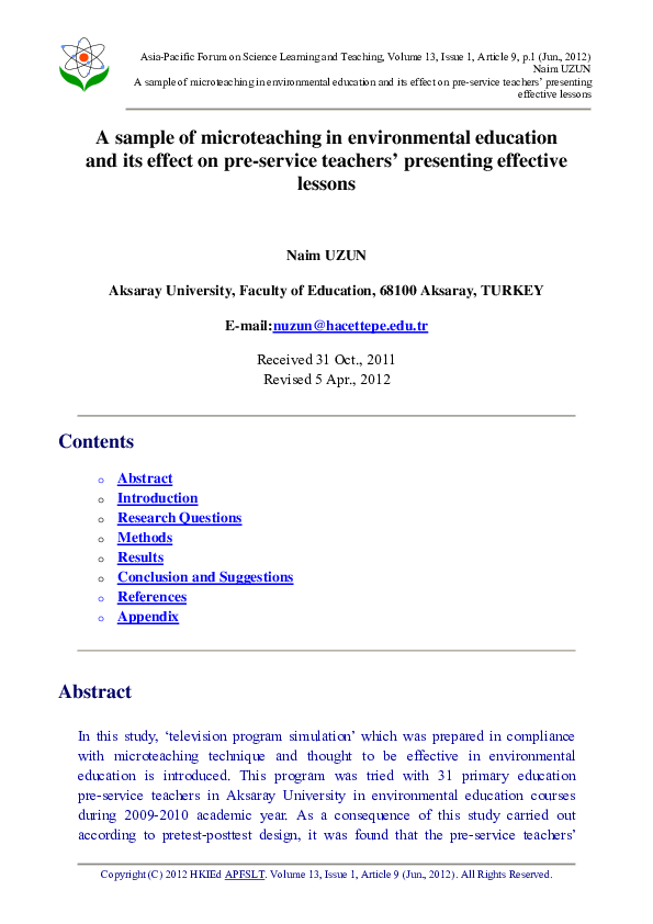 (PDF) A Sample of Microteaching in Environmental Education and Its ...