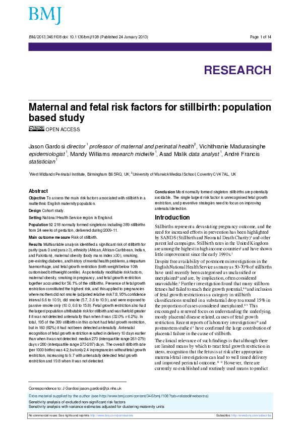 (PDF) Maternal and Fetal Risk Factors for Stillbirth