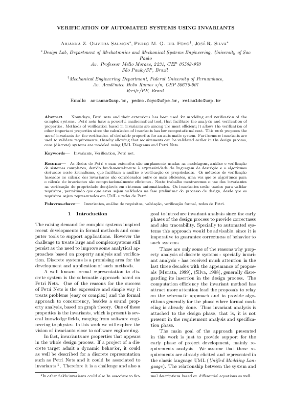 (PDF) Verification of Automated Systems Using Invariants