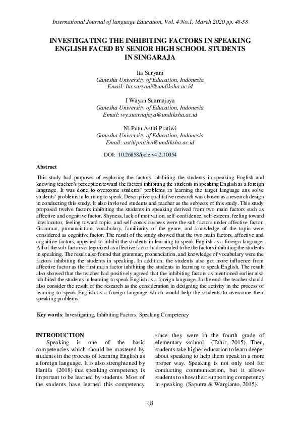 (PDF) Investigating the Inhibiting Factors in Speaking English Faced by ...