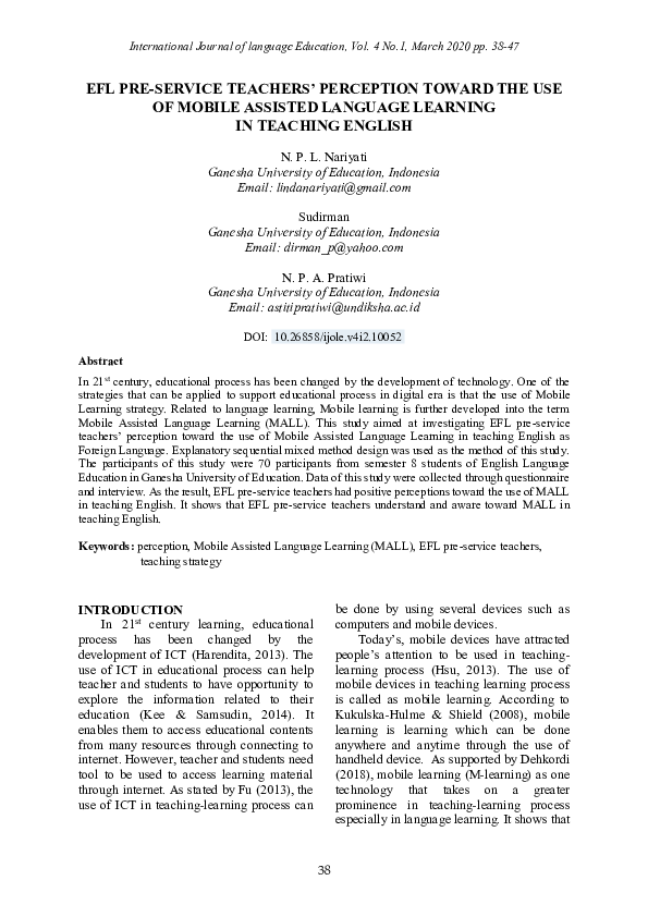 (PDF) EFL Pre-Service Teachersâ€™ Perception toward the Use of Mobile ...