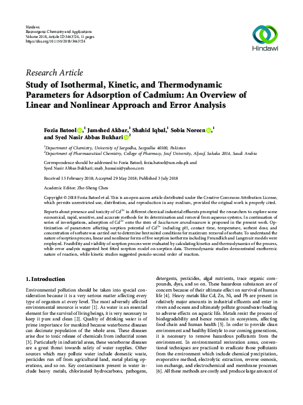(PDF) Study of Isothermal, Kinetic, and Thermodynamic Parameters for ...