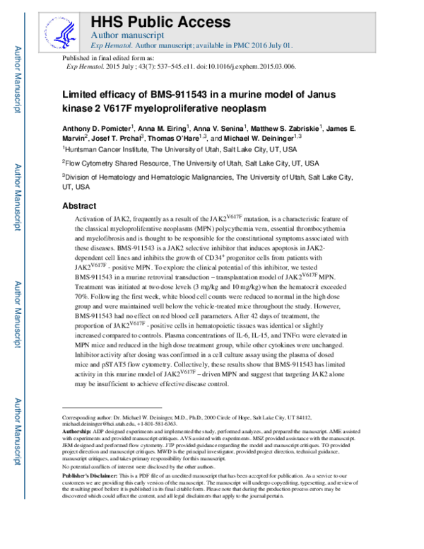 (PDF) Limited efficacy of BMS-911543 in a murine model of Janus kinase ...