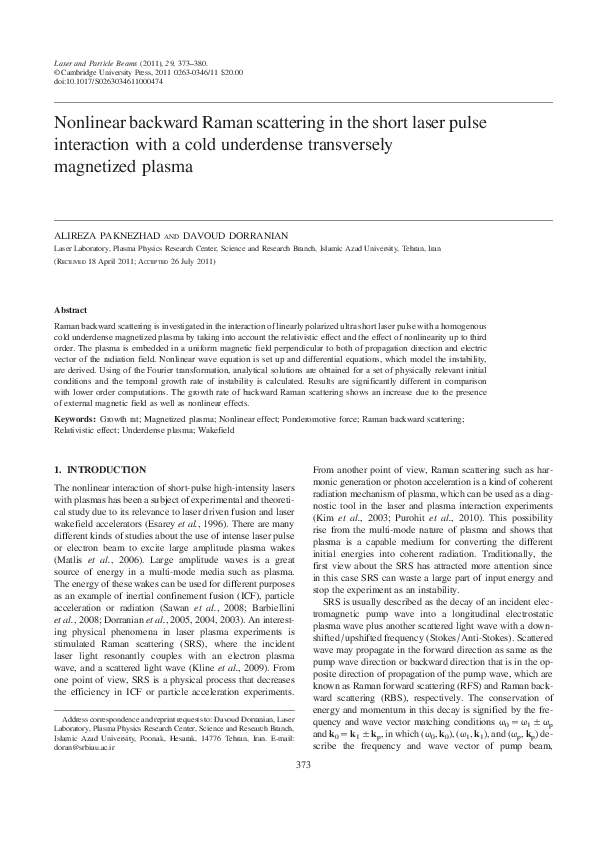 (PDF) Nonlinear backward Raman scattering in the short laser pulse ...