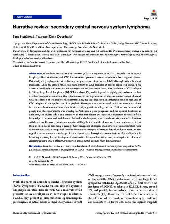 (PDF) Narrative review: secondary central nervous system lymphoma