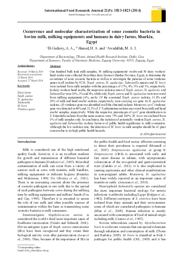 (PDF) Occurrence and molecular characterization of some zoonotic ...