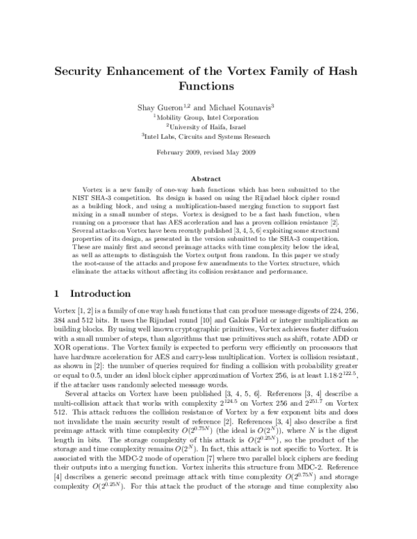 (PDF) Security Enhancement of the Vortex Family of Hash Functions