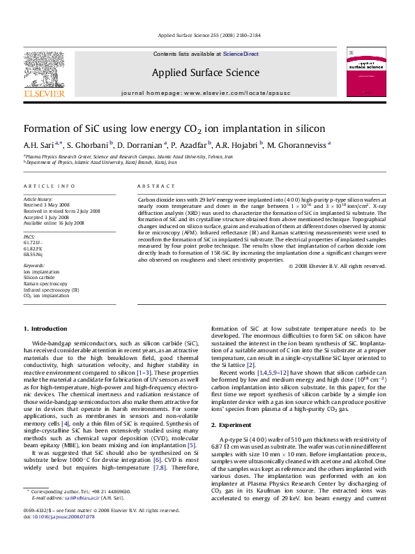 (PDF) Formation of SiC using low energy CO2 ion implantation in silicon