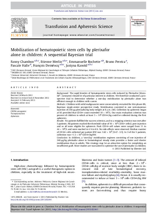 (PDF) Mobilization of hematopoietic stem cells by plerixafor alone in ...
