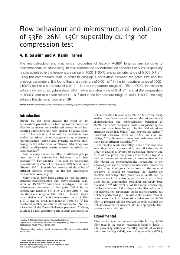 (PDF) Flow behaviour and microstructural evolution of 53Fe–26Ni–15Cr ...