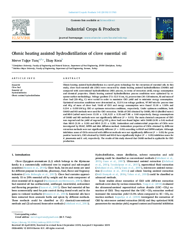 (PDF) Ohmic heating assisted hydrodistillation of clove essential oil