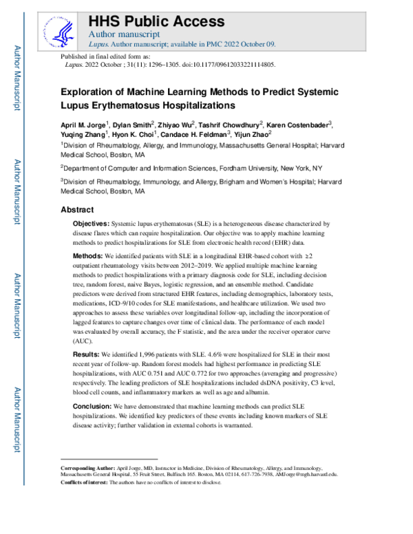 (PDF) Exploration of machine learning methods to predict systemic lupus ...