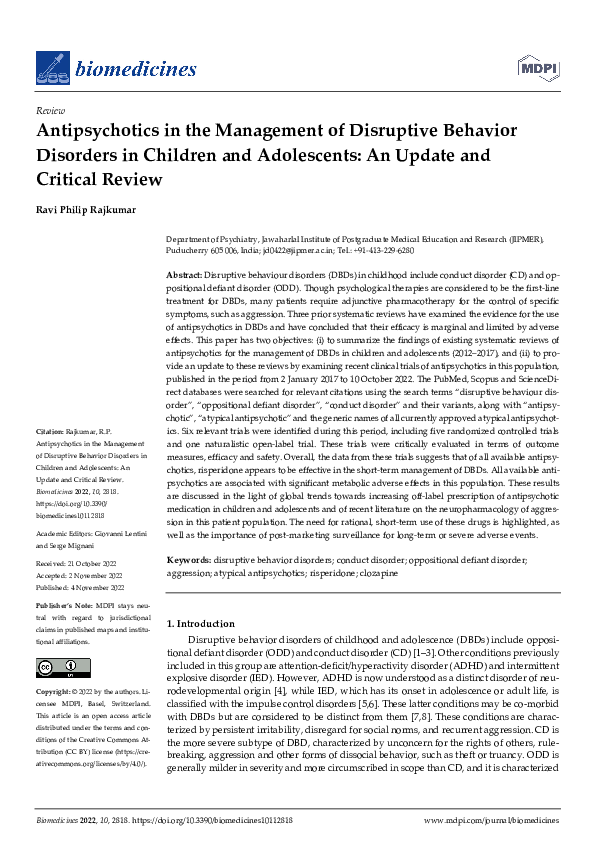 (PDF) Antipsychotics in the Management of Disruptive Behavior Disorders ...