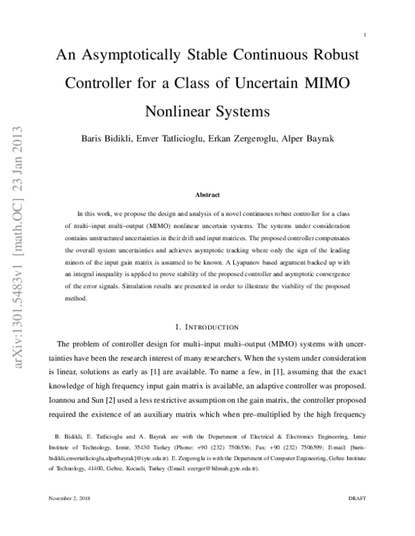 (PDF) An Asymptotically Stable Continuous Robust Controller for a Class ...