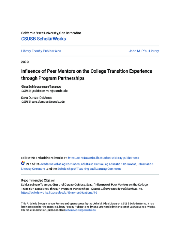 (PDF) Influence of Peer Mentors on the College Transition Experience ...