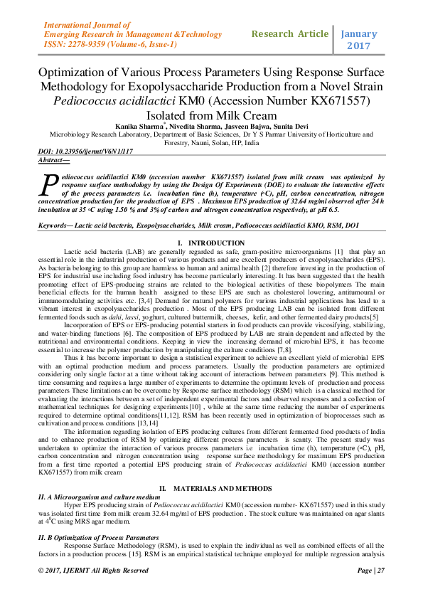 (PDF) Optimization of Various Process Parameters Using Response Surface ...