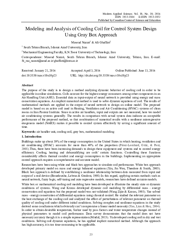 (PDF) Modeling and Analysis of Cooling Coil for Control System Design Using Gray Box Approach