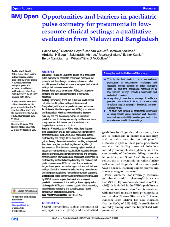 (PDF) Opportunities and barriers in paediatric pulse oximetry for