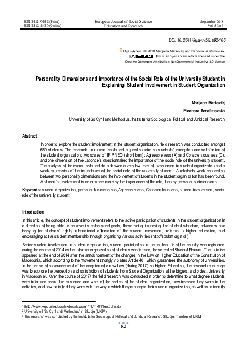(PDF) Personality Dimensions and Importance of the Social Role of the ...