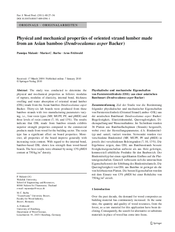 (PDF) Physical and mechanical properties of oriented strand lumber made