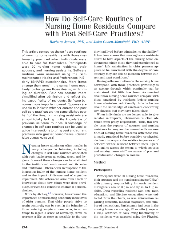 (PDF) How Do Self-Care Routines of Nursing Home Residents Compare with ...