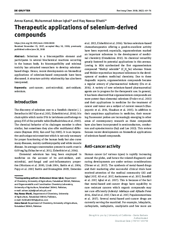 (PDF) Therapeutic applications of selenium-derived compounds