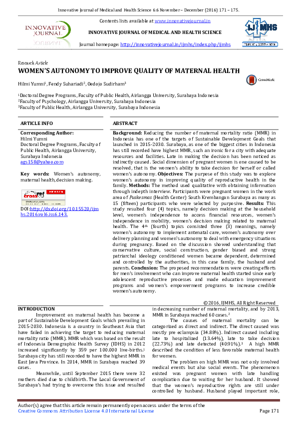 (PDF) Womenâ€™s Autonomy To Improve Quality Of Maternal Health