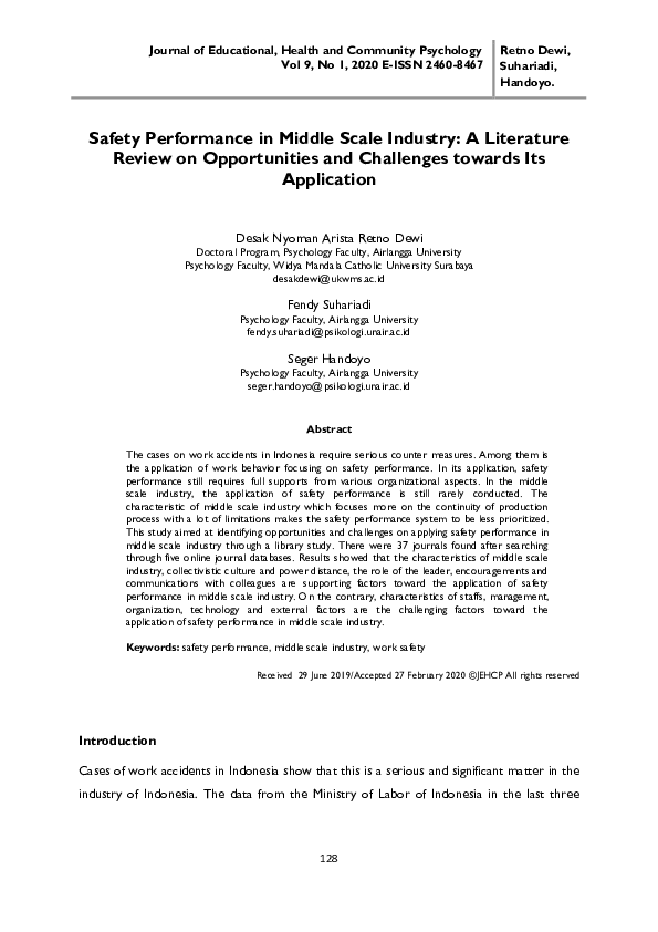 (PDF) Safety Performance in Middle Scale Industry: A Literature Review