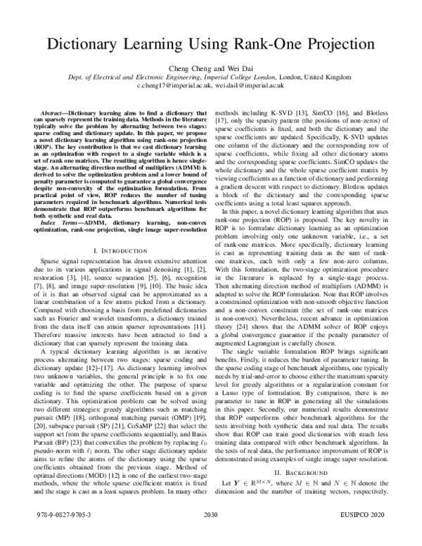 (PDF) Dictionary Learning Using RankOne Projection Cheng ChangChun