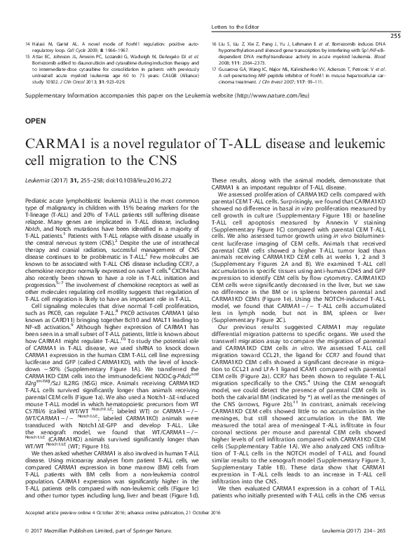 (PDF) CARMA1 is a novel regulator of T-ALL disease and leukemic cell ...