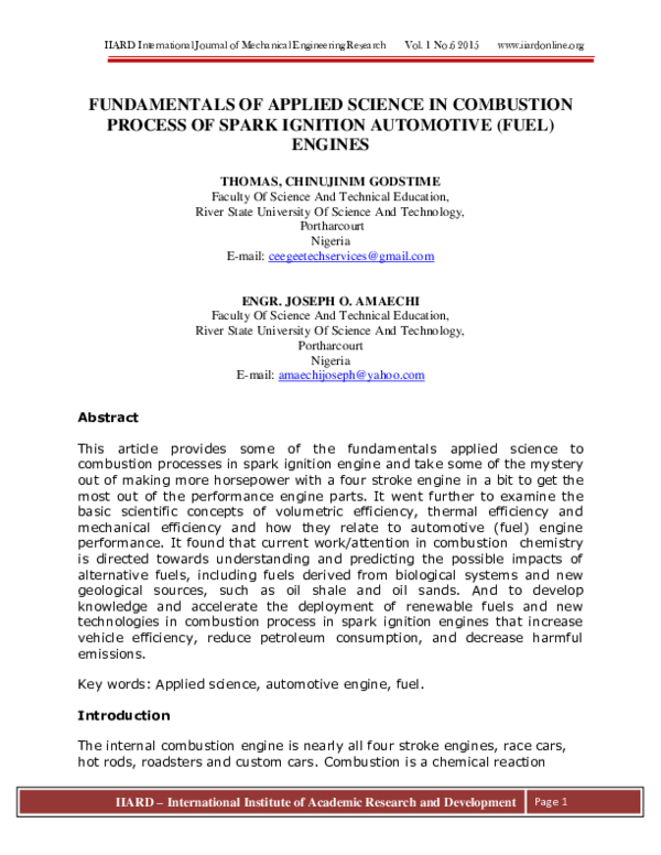 FUNDAMENTALS OF APPLIED SCIENCE IN COMBUSTION PROCESS OF SPARK IGNITION ...