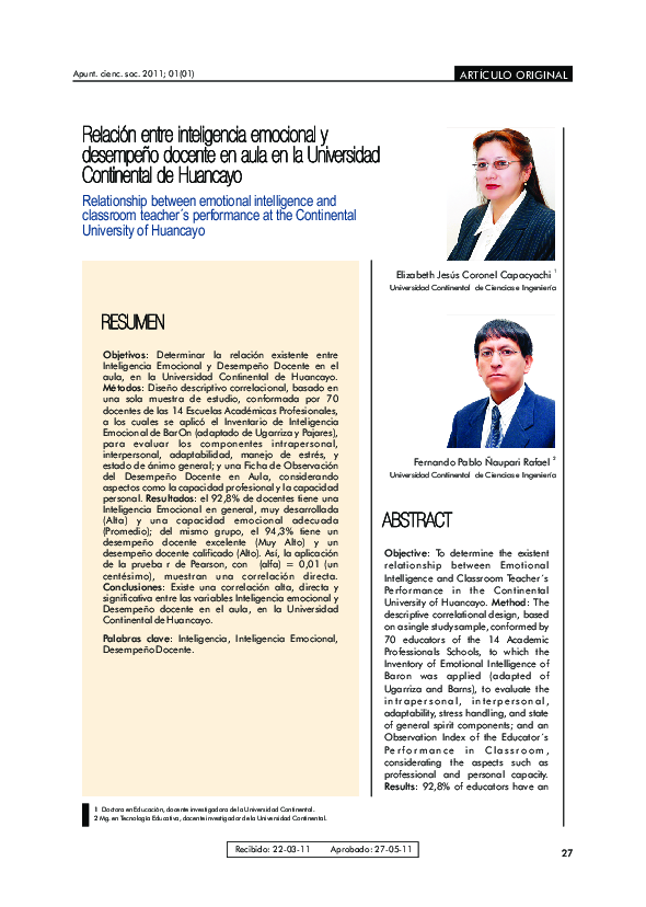 (PDF) Relación entre inteligencia emocional y desempeño docente en aula ...