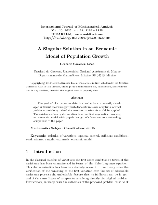 (PDF) A singular solution in an economic model of population growth