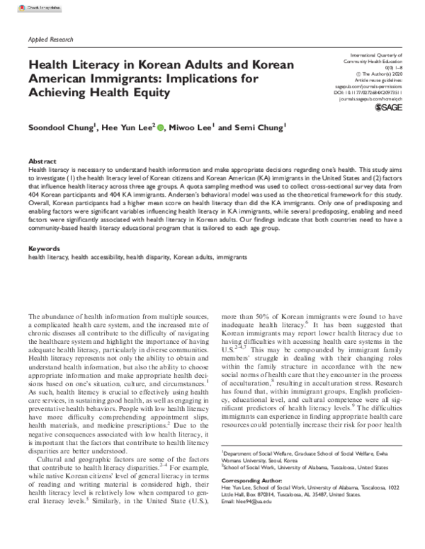 (PDF) Health Literacy in Korean Adults and Korean American Immigrants ...